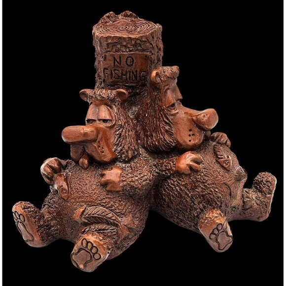 Pecan Shell Resin Bears No Fishing Figure Red Mill MFG Vintage 1990s 6 Inch - Picture 1 of 15